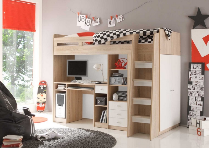 Lit mezzanine enfant contemporain chêne et blanc avec espace bureau en dessous